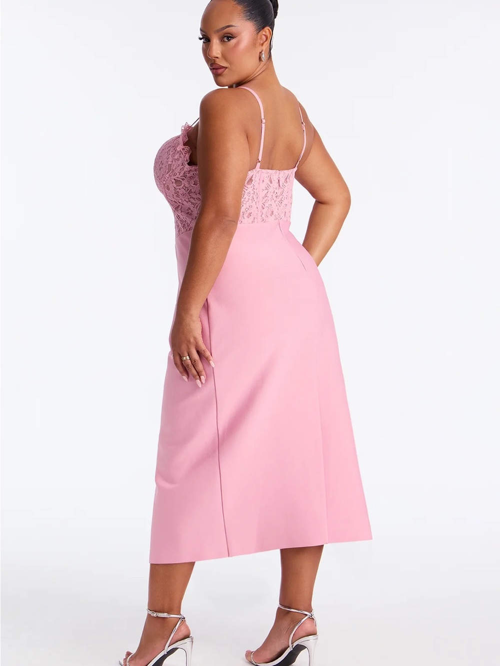 Pink Lace Bodice Ruffle Midi Dress - Picture 6 of 7